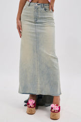 OH THE DRAMA BACK BOW DENIM MAXI SKIRT WITH TRAIN