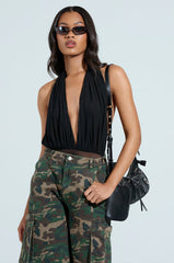 PAXTON SEXY RUCHED PLUNGE MESH HALTER BODYSUIT IN BLACK