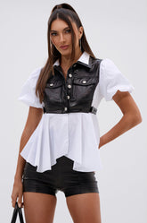 NEW DRESS CODE LEATHER AND POPLIN BUTTON DOWN SHIRT