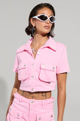 WORK FOR IT MINERAL WASHED CROPPED BUTTON DOWN IN PINK
