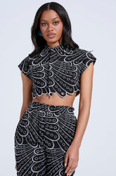 SET YOU FREE CROP WOVEN BLACK MULTI TOP