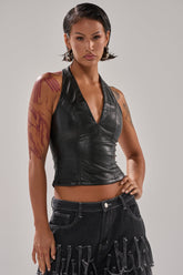 WITHOUT A DOUBT FAUX LEATHER HALTER NECK CORSET IN BLACK