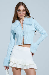 ANGEL EYES FUR TRIM CARDIGAN IN BLUE