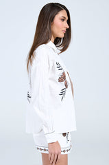 EMBROIDERED FLOWER LINEN BUTTON UP