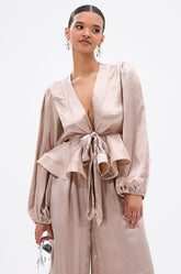 ELEGANT PEPLUM TIE FRONT BLOUSE