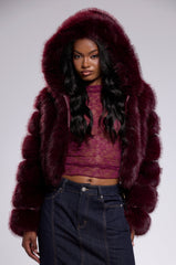 JOLENE FAUX FUR COAT IN BURGUNDY