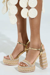 AZALEA WANG JUDSON GOLD RAFFIA AND GEMS PLATFORM SANDAL