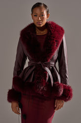 KENZY FUR TRIM MOTO IN BURGUNDY