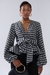 GIRL PLEASE HOUNDSTOOTH TIE-FRONT BLOUSE