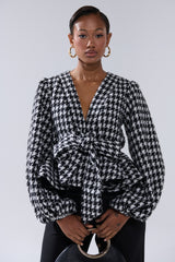 GIRL PLEASE HOUNDSTOOTH TIE-FRONT BLOUSE
