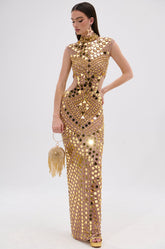 QUEEN OF EVERYTHING MIRRORED MAXI DRESS IN GOLD