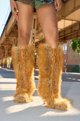 AZALEA WANG LOURDANNE TAN FUR LACE UP STILETTO BOOT