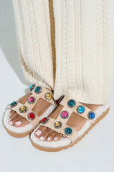 AZALEA WANG LUCIENA BEIGE RHINESTONE AND SHERPA SANDAL