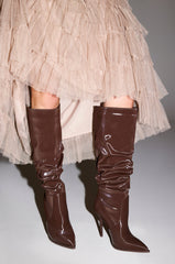 AZALEA WANG MITICA DARK BROWN PATENT RUCHED SEXY BOOT