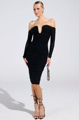 RENEE RUCHED OFF THE SHOULDER MIDI DRESS