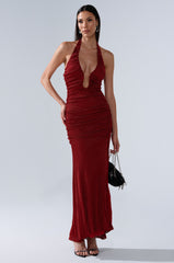 SERPENTI PLUNGE MAXI DRESS IN METALLIC BURGUNDY
