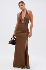 SERPENTI PLUNGE MAXI DRESS IN METALLIC BROWN