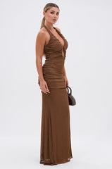 SERPENTI PLUNGE MAXI DRESS IN METALLIC BROWN