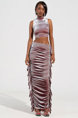 FLAUNT IT VELVET SIDE FRINGE MAXI SKIRT