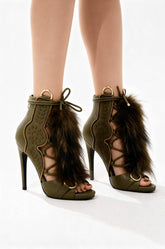 AZALEA WANG SHAINY OLIVE FUR SANDAL