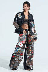QUEEN OF HEARTS PRINTED AND EMBELLISHED DENIM PANTS