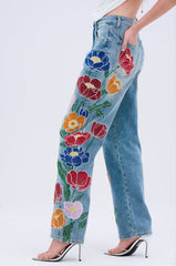 INTO THE GARDEN FLORAL EMBROIDERED DENIM JEANS
