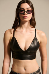 PAXTON SEXY FAUX LEATHER TRIANGLE LONGLINE BRALETTE