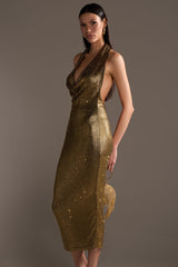 POPPIN' BOTTLES RHINESTONE MAXI DRESS IN GOLD