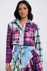 THINK ABOUT ME MORE BUTTON DOWN TOP WITH PLAID DETAILS