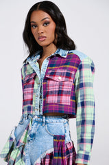 THINK ABOUT ME MORE BUTTON DOWN TOP WITH PLAID DETAILS
