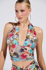 BURNT OUT CRUSHED VELVET FLORAL HALTER TOP
