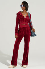 VELOUR GALORE FLARED LEG JOGGER IN BURGUNDY