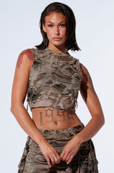 QUEEN OF LOVE DISTRESSED TOP IN GREEN