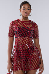 SHE'S DIFFERENT CUT OUT FAUX LEATHER MINI DRESS IN BURGUNDY