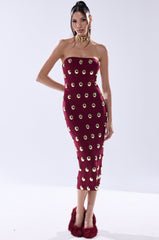 TIME AFTER TIME MIDI DRESS WITH METAL DETAILING IN BURGUNDY