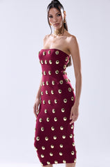 TIME AFTER TIME MIDI DRESS WITH METAL DETAILING IN BURGUNDY