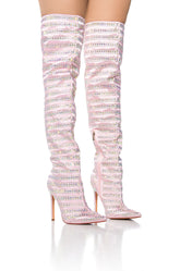 AZALEA WANG CLEARWATER RHINESTONE STRIPED SATIN BOOT IN BABY PINK