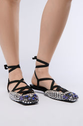 AZALEA WANG NELSIE BLACK EMBELLISHED LACE UP FLAT
