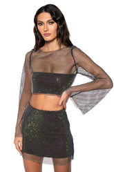 FLASHING LIGHTS RHINSTONE MESH LONG SLEEVE TOP IN BLACK