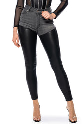 EXTREME STRETCH HIGH WAIST SKINNY JEANS WITH FAUX LEATHER