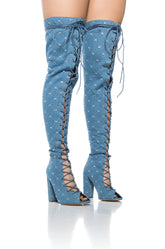 LIVING LEGEND LACE UP OPEN TOE THIGH HIGH BOOT IN DENIM