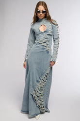 ON THE EDGE DISTRESSED DENIM MAXI DRESS