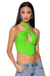 VIOLET GIRL CUT OUT HALTER CORSET TOP IN GREEN