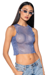 ZELDA RHINESTONE MESH SLEEVELESS TOP IN BLUE