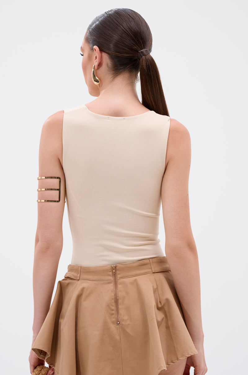 NEW STANDARD SQUARE NECK SLEEVELESS BODYSUIT IN BEIGE