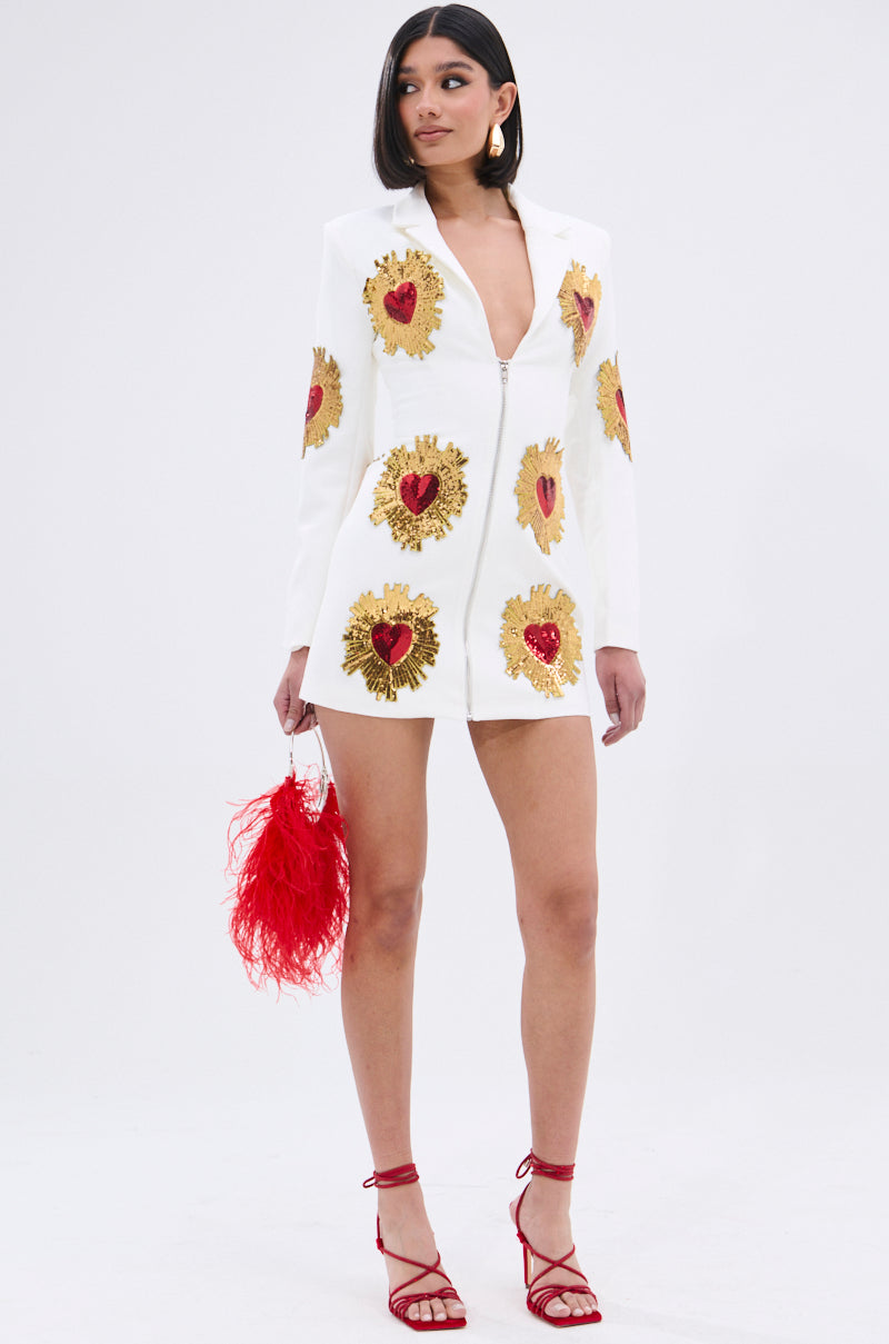 GLISTENING IN GOLD BLAZER DRESS IN WHITE