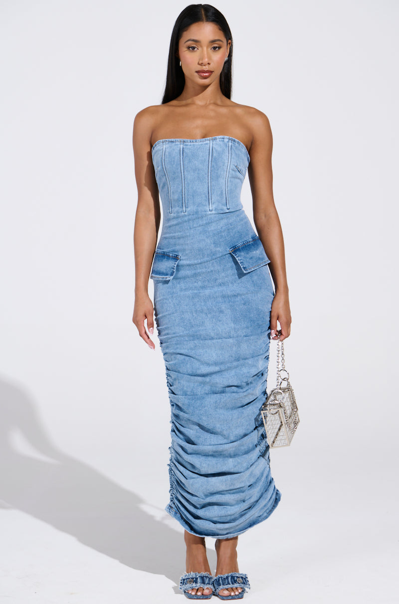 ASH STRAPLESS MAXI DRESS IN DENIM