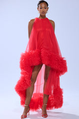 ARI TULLE RUFFLE HIGH LOW MINI DRESS IN RED