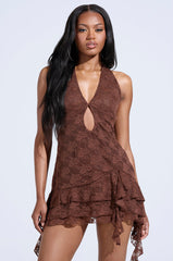 SPICY RUFFLE LACE MINI DRESS IN CHOCOLATE