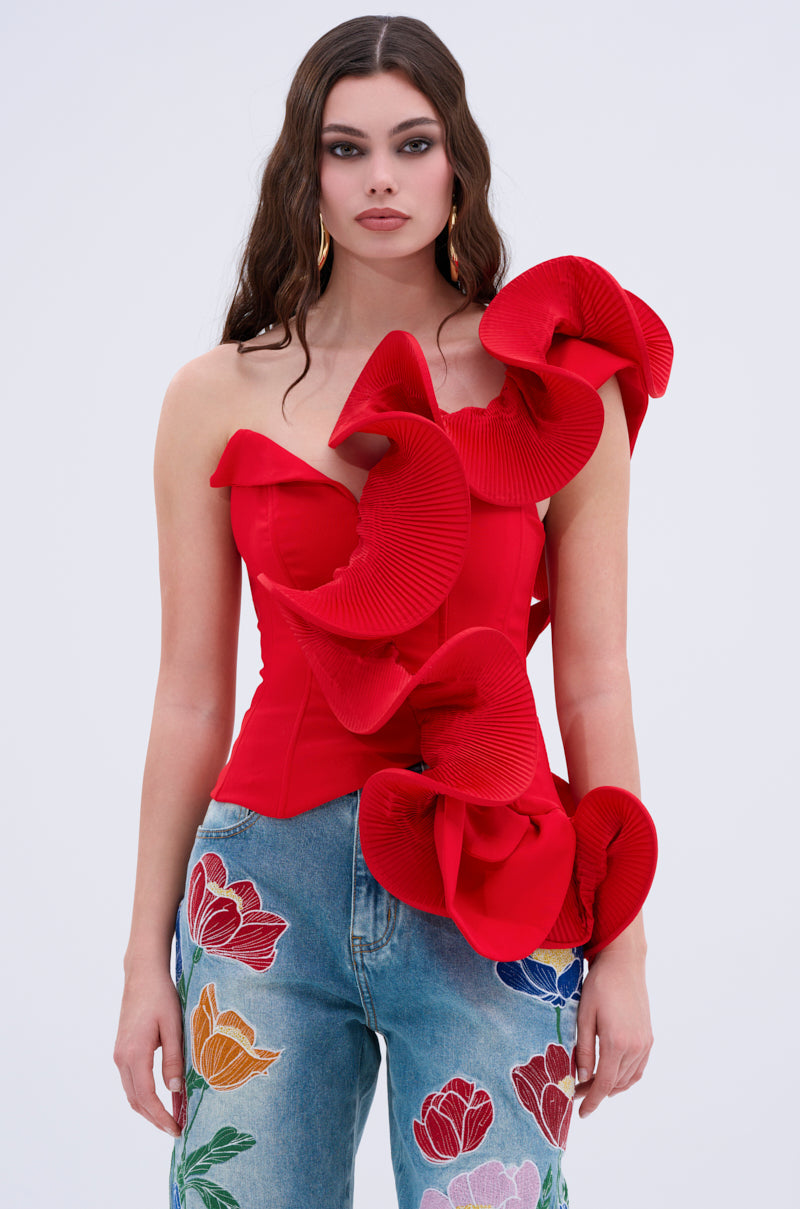 ABSTRACT RUFFLE OFF THE SHOULDER BLOUSE